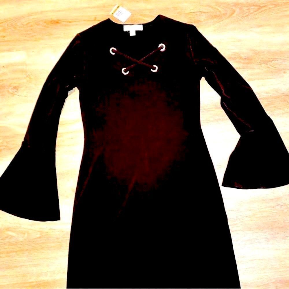 JET BLACK MICHAEL KORS FIT&FLARE DRESS-GROMMET CRISS CROSS STRAPS S NWT - Picture 3 of 16